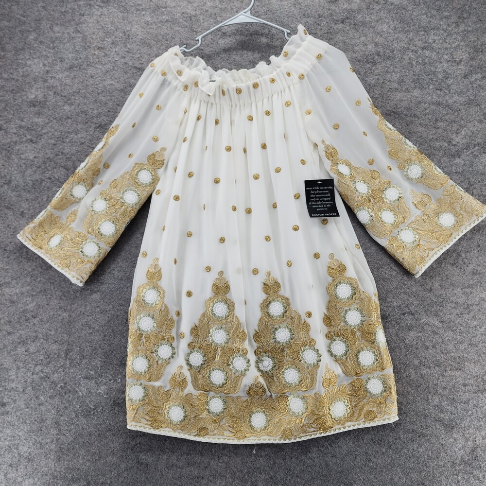 Endless Rose Dress Womens Small Off Shoulder White Gold Floral Embroidery